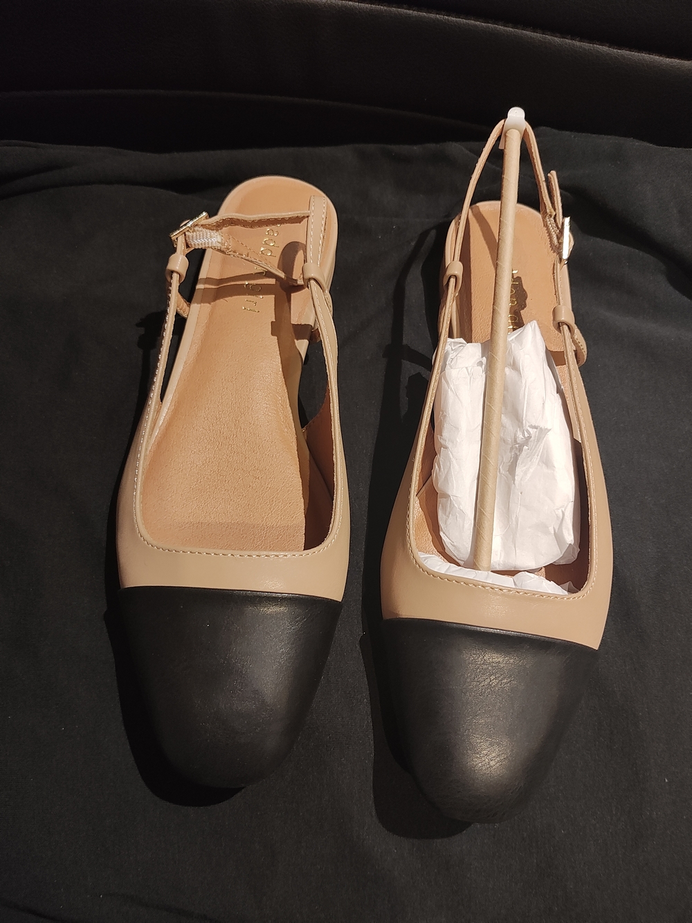 Madden Girl Beige and Black Cap-Toe Slingback Flats 9M